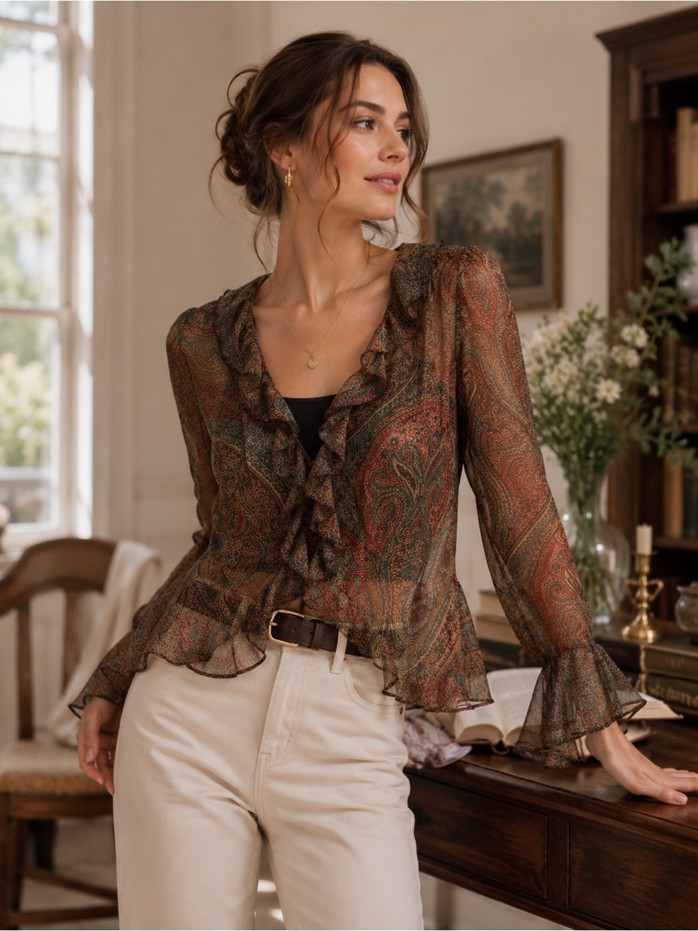 Lauren Ralph Lauren Silk Paisley Ruffle Blouse Sheer Boho Romantic 6P